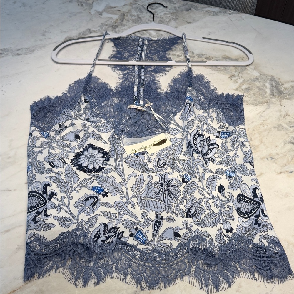 Floral Lace Trim Camisole - Blue